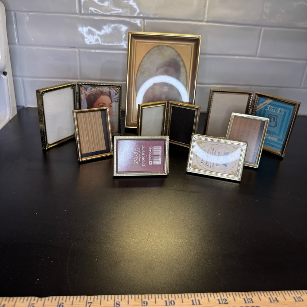 Decorel Vintage Photo Frame Set 9pc Gold Ornate Metal Hinged Easel Back O-7